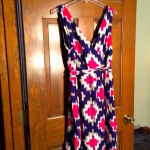 JCPenney maxi dress in navy with red, beige, and white detail.